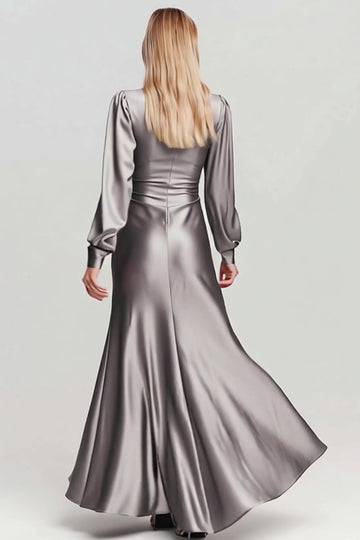 Grey V-Neck Long Sleeve Satin Sheath Formal Dress